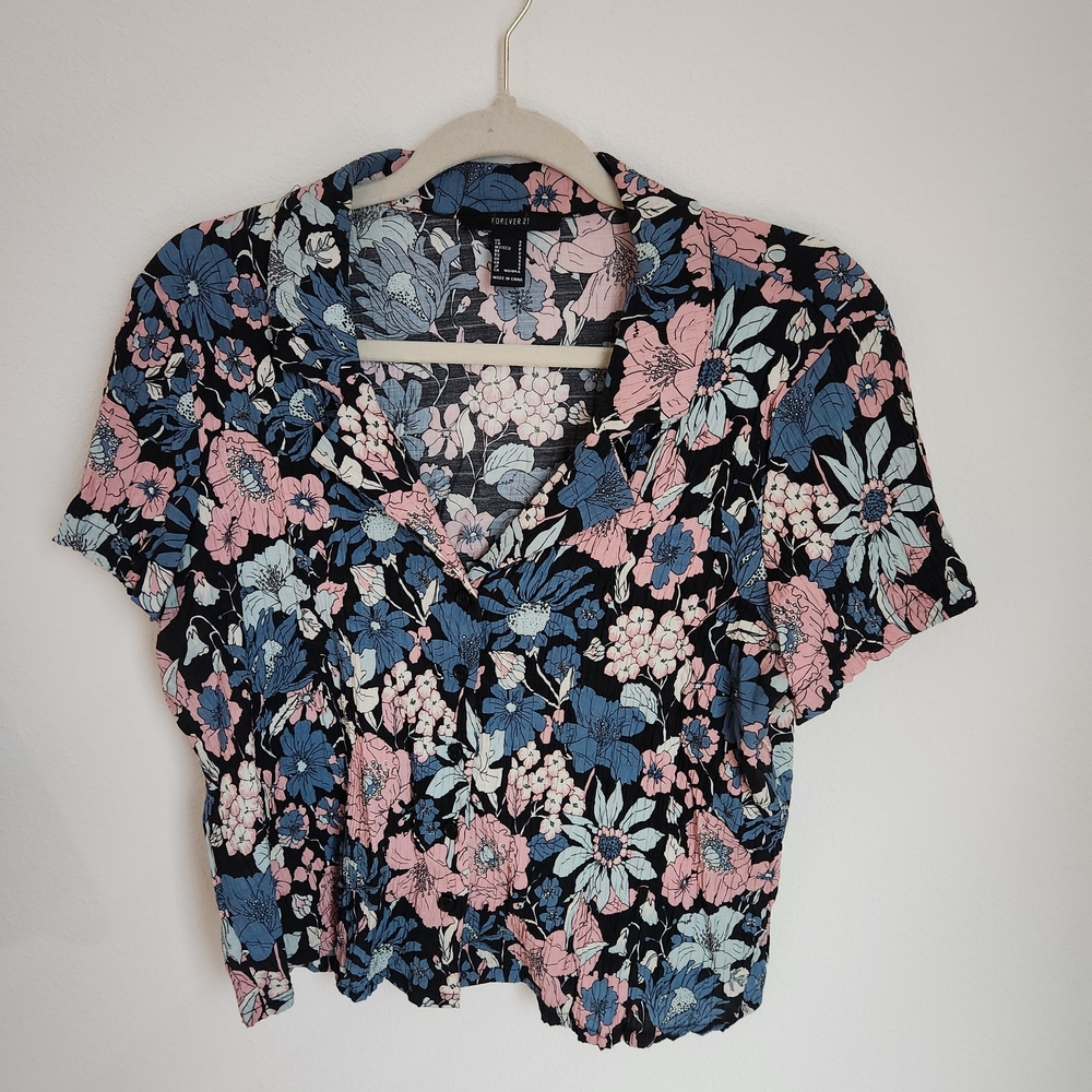 Forever 21 Floral Button Down Shirt - Black, Blue, Pink